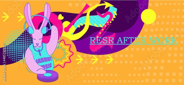 Fototapeta Bright illustration. Motivating poster of good rest and relaxation after work. Carefree and party in abstract and retro style. The personification of rabbits in human life