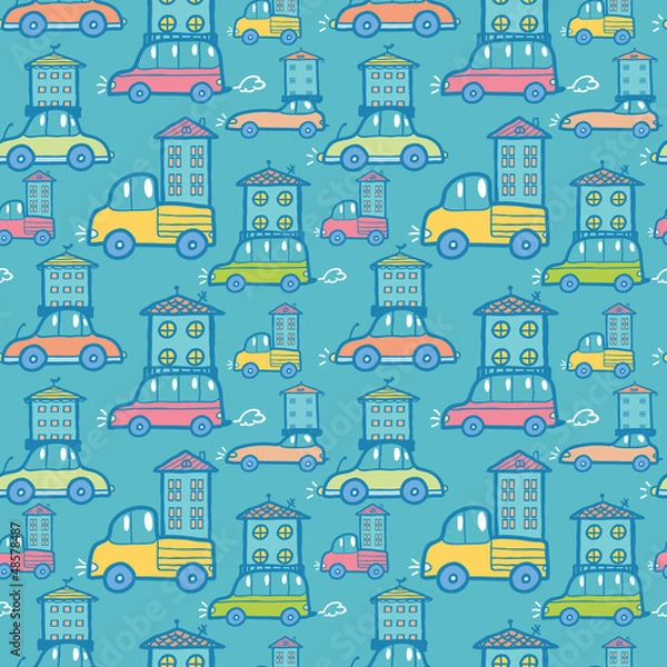 Fototapeta Vector moving houses on cars seamless pattern background with