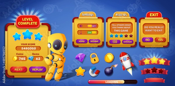 Fototapeta Game Ui Kit Menus, pop up, screens and Game elements 