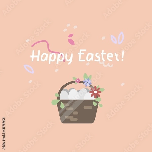 Obraz Vector easter background with cute illustration with basket of eggs, lettering text and simple doodle on peach background for card, poster or print. 