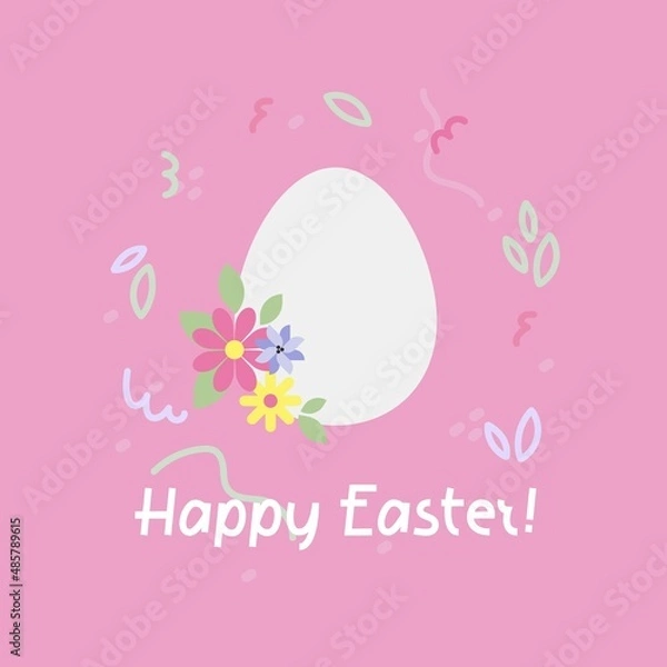 Obraz Vector easter background with cute illustration with egg, flowers and hand drawn frame of little doodle elements on pink background for card or print. 