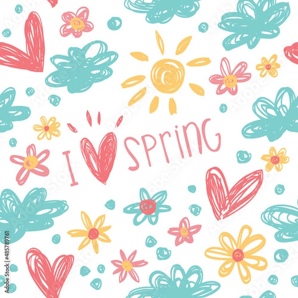 Fototapeta Seamless pattern with sun, clouds, flowers, hearts and polka dots.