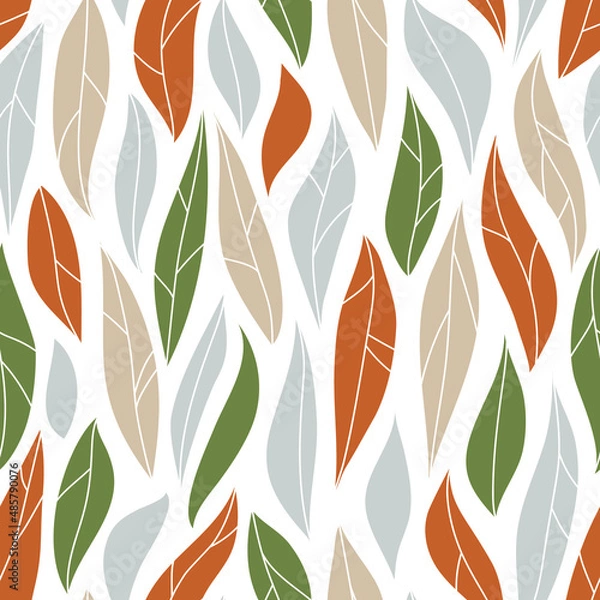 Obraz Seamless vector pattern with leaves of different colors. Orange, green, pastel blue and pink. Background from colorful leaves hand-drawn.