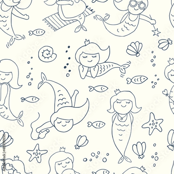 Fototapeta Seamless background with cute little mermaids. Coloring. Line drawn.