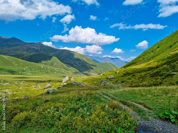 Fototapeta A panoramic view on the sharp mountain peaks of the Chaukhi massif in the Greater Caucasus Mountain Range in Georgia, Kazbegi Region. A hiking trail on a green alpine pasture. Georgian Dolomites.