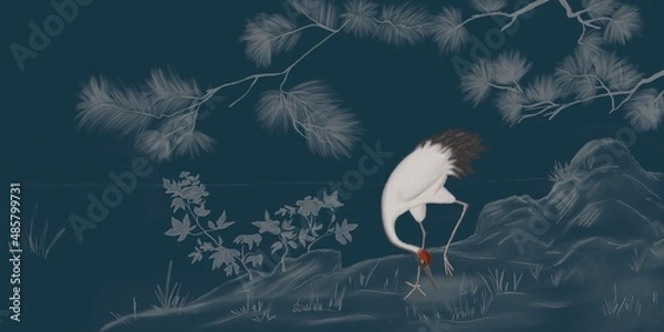 Fototapeta White crane, dark blue background. Abstract watercolor paint background grunge texture. Interior Wallpaper. Mural for the walls, fresco for the room, interior grunge style