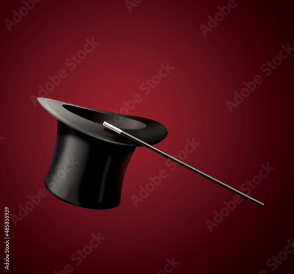 Obraz Magic black hat and magic wand isolated on red stage curtain
