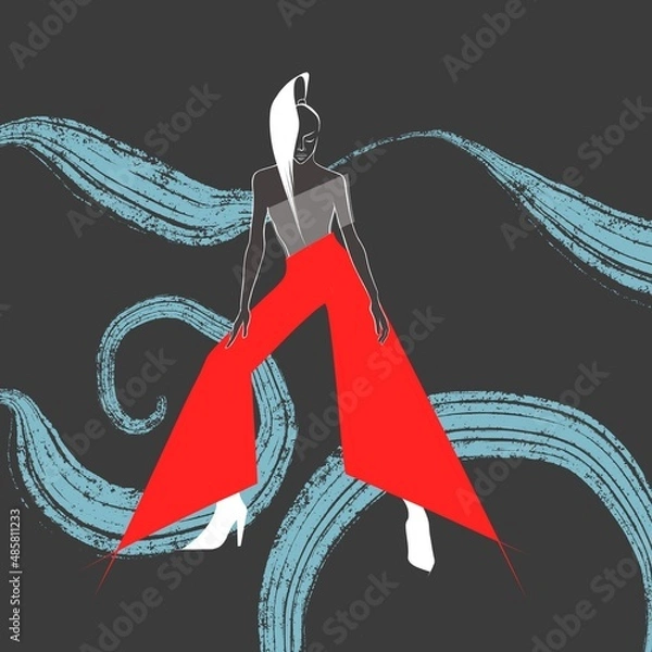 Fototapeta Fashionable image of a girl in red pants on an abstract background with spirals