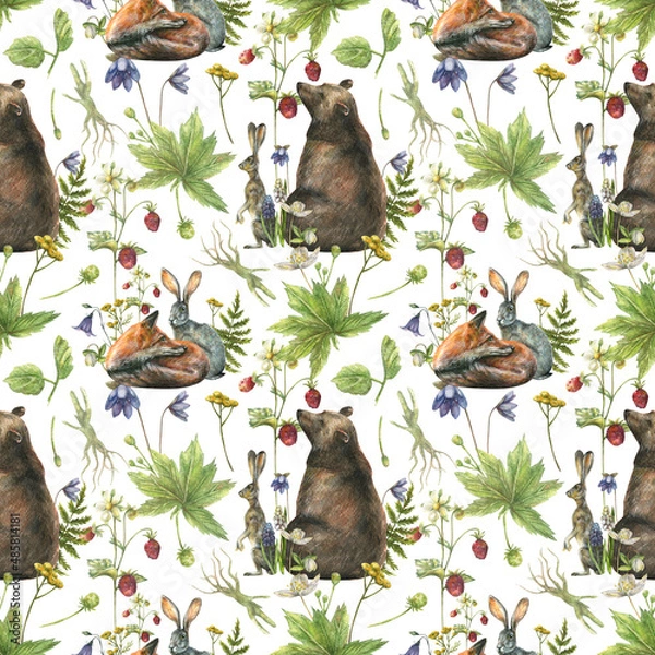 Obraz Watercolor seamless pattern with the image of forest animals bunny, bear and fox surrounded by herbs, berries and flowers on a white background.