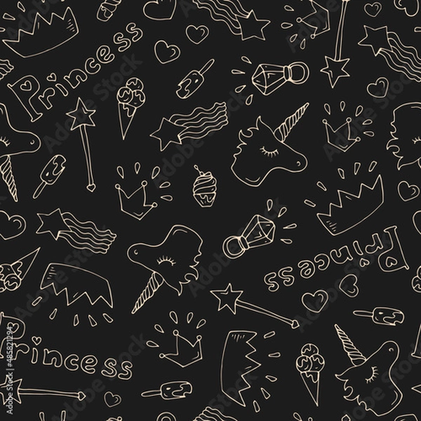 Fototapeta Vector hand drawn doodle cute seamless pattern Princes magic accessories: Crown, unicorn, magic wand, ice cream, diamond ring, star. The fantasy world of girls dreams. light yellow lines on brown back