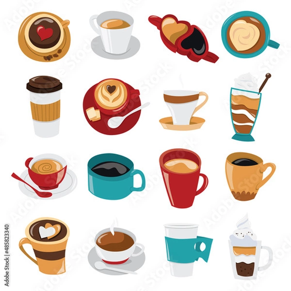 Obraz Cartoon Cafe Coffee Cups Glasses Set