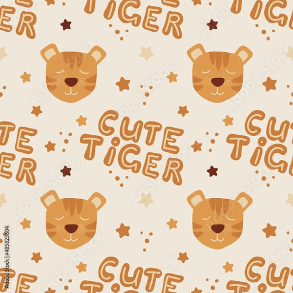 Obraz Cute tiger with lettering phrase cute tiger on a beige background. Seamless pattern, texture, backdrop. Vector illustration. Concept for wrapping paper, scrapbooking, decoration, nursery room.