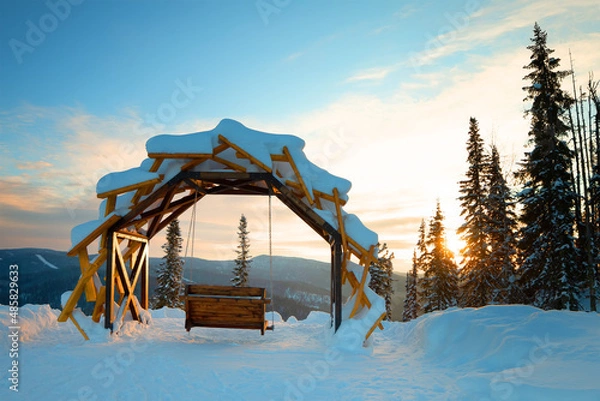 Fototapeta observation deck on the top of the mountain in winter with swings, mountain salanga