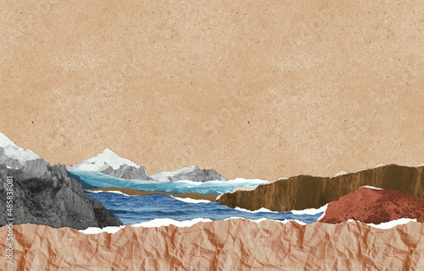 Obraz Zine collage landscape paper art Surreal collage composition made of torn pieces of linen, craft paper, carton, torchon. Seascape with blue colored fragment of water, mountain and gravel in front. 
