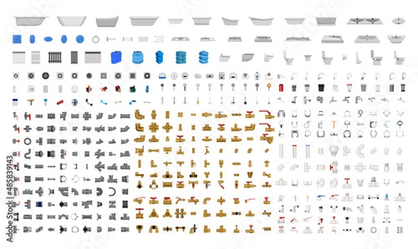 Obraz Collection of plumbing equipment and tools. Downpipes of various materials in a realistic style. Detailed illustrations.