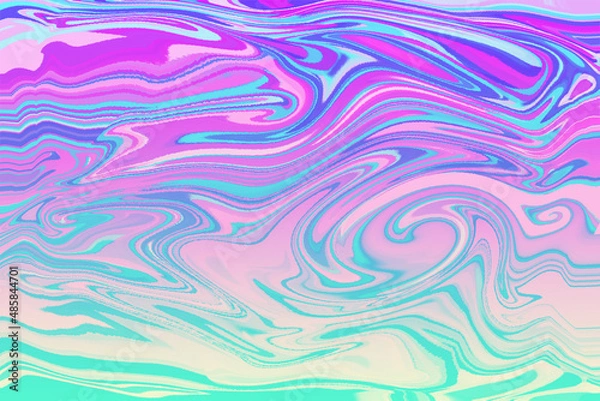 Fototapeta ターコイズブルーや紫のグラデーションのある流れるようなアクリルのマーブリング