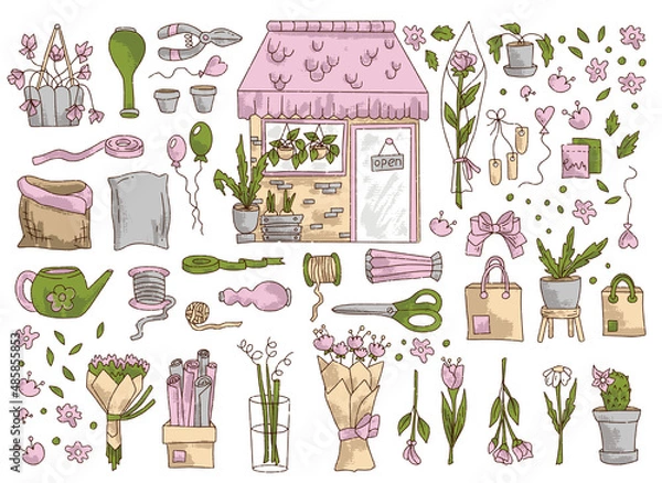 Fototapeta Hand drawn set for florist shop, flower, bouquet, scissors, wrapping, bag, pot isolated on white background, concept for sticker, card. Floristry handicraft on white. Hand drawn vector illustration