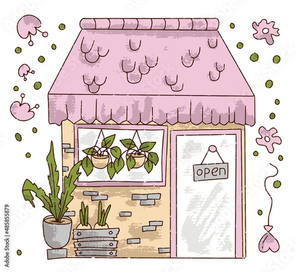 Fototapeta Florist shop or store set with compose bouquet on window, fresh flowers in wooden box . Floristry handicraft on white. Flat vector cartoon isolated illustration