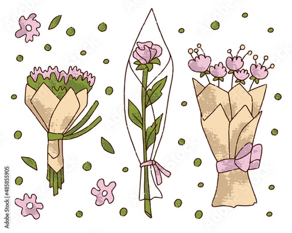 Fototapeta Hand drawn flowers bouquet set for florist shop, rose and camomile in color isolated on white background. Floristry handicraft on white. Flat vector cartoon isolated