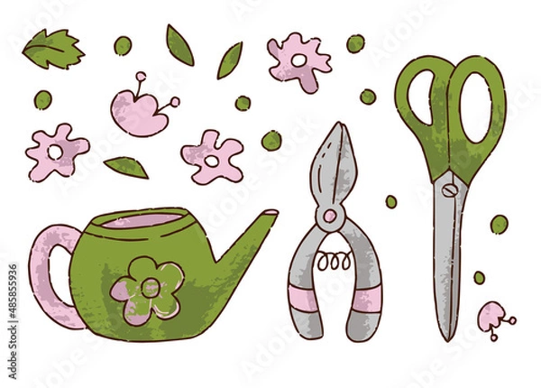Fototapeta Hand drawn set for florist shop of watering can, scissors, secateurs in color isolated on white background, concept for sticker, card. Floristry handicraft on white. Hand drawn vector illustration