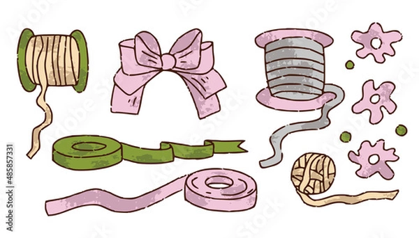 Fototapeta Ribbons set for florist shop, tie bows, twine in color isolated on white background. Floristry handicraft on white. Flat vector cartoon isolated