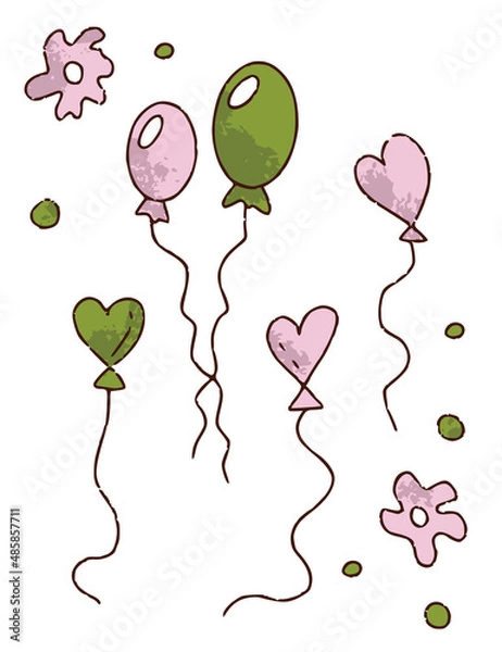 Fototapeta Hand drawn airbaloons set for florist shop, heart in green and pink color isolated on white background. Floristry handicraft on white. Flat vector cartoon isolated