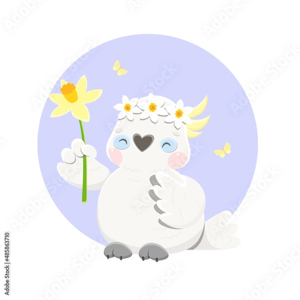 Fototapeta A cute parrot is holding a spring flower. On the head is a wreath of daffodils. Vector cartoon cockatoo in kawaii style.