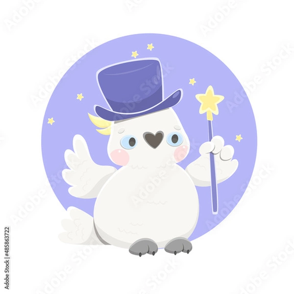 Fototapeta Parrot is a magician. The cockatoo is holding a magic wand. Vector illustration in cartoon style.