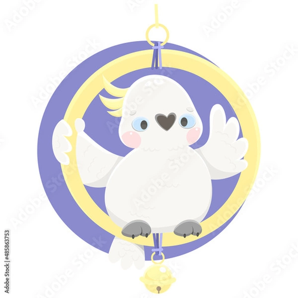 Fototapeta A white cockatoo sits in a ring with a bell. Waving in greeting. Cartoon vector parrot.