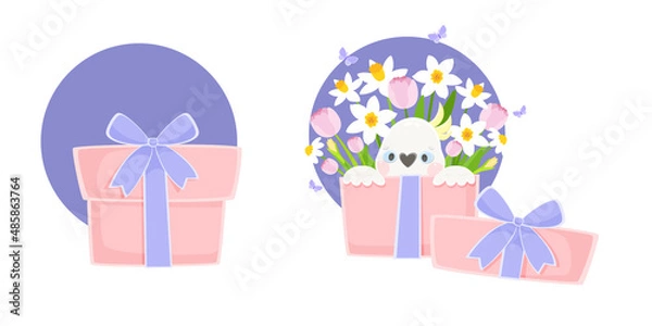 Fototapeta Gift box. A white cockatoo sits in a box of flowers. Spring daffodils and tulips. Template for design, illustration, postcard, invitation. Vector.