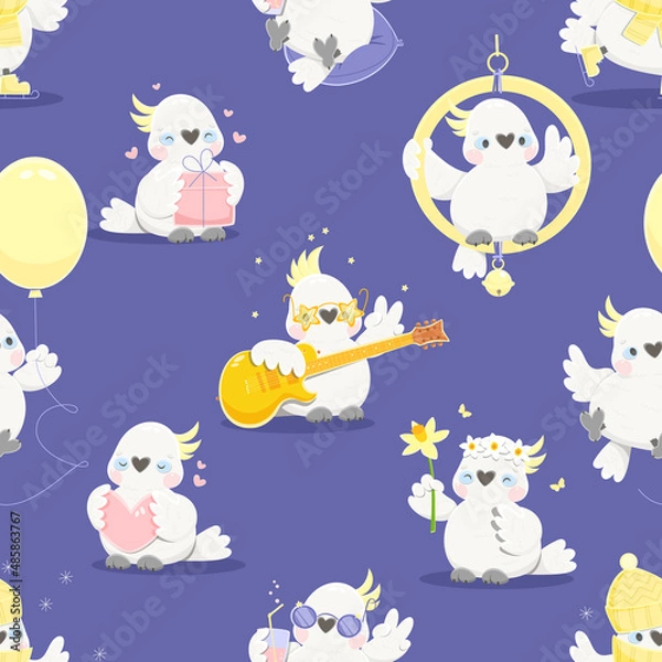 Fototapeta Seamless pattern with cartoon parrots. White cockatoo in different situations. Endless texture. Vector illustration.