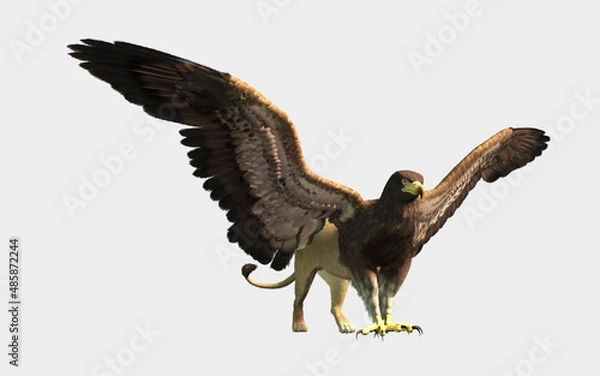 Fototapeta A mighty griffin, a beast of mythology and legend, half eagle, half lion, perches high among snow capped mountains. Wings spread, this fantasy creature cries into the wind. 3D Rendering