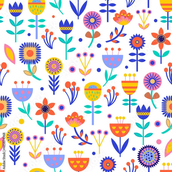 Fototapeta Beautiful seamless pattern for decorative design. Vector abstract paper cut flowers illustration. Nature trendy design. Colorful paper texture background.