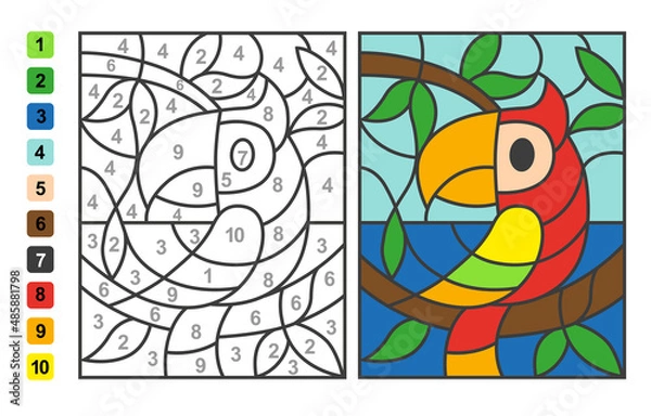 Fototapeta Simple level vector coloring zoo animal parrot bird, color by numbers. Puzzle game for children education
