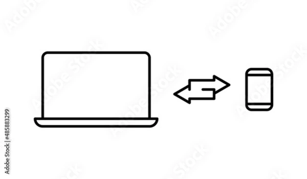 Fototapeta Smartphone and Laptop Line Icon. Connected or Sync of Devices Linear Pictogram. Synchronization of Mobile Phone and Computer Outline Icon. Editable Stroke. Isolated Vector Illustration