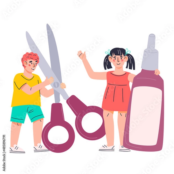 Obraz Kids boy and girl with scissors and glue for paper craft, flat cartoon vector illustration isolated on white background. Creative children cartoon character. Kids hobby, crafts and arts.