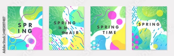 Fototapeta Set of spring banners with green gradient backgrounds;linear leaves;bright fluid shapes and geometric elements in memphis style.Abstract layouts for prints;flyers,invitations;covers,social media.