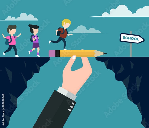 Fototapeta Hand holding a pen that fills in the blank for children passing by. back to school concept. editable vector.
