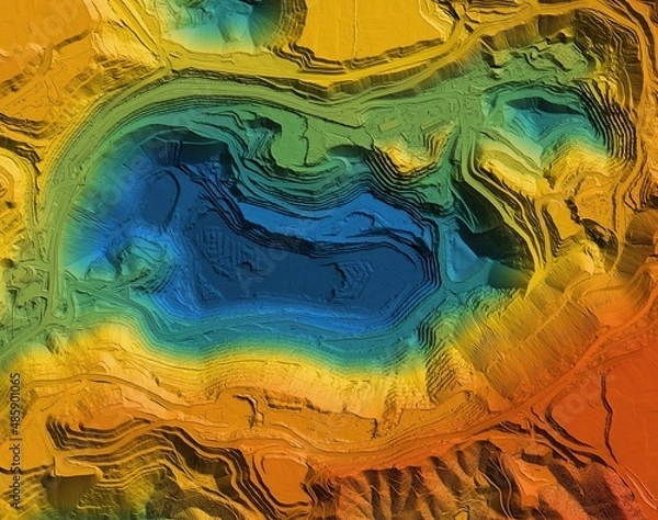 Fototapeta Digital elevation model. GIS product made after proccesing aerial pictures. It shows excavation site with steep rock walls that was mapped from a drone