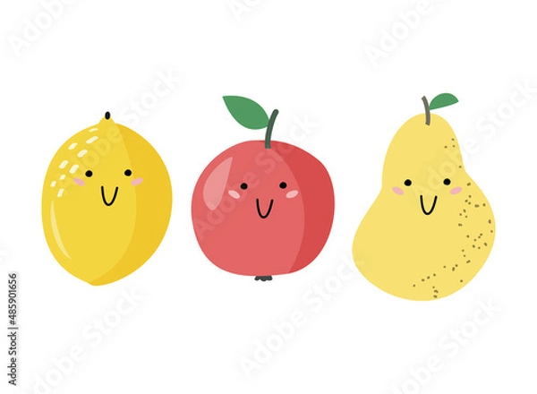 Obraz Simple cute fruits with smile illustration. Minimal flat style cartoon characters isolated on white background.