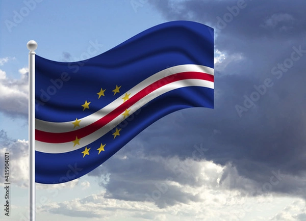 Fototapeta Flag of the Cape Verde on a stick, dark clouds in the background