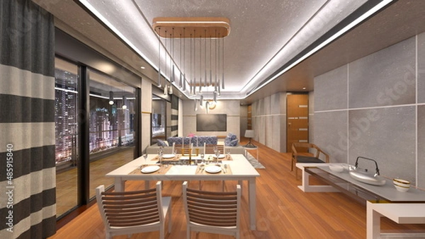 Fototapeta 夜景が見えるリビングダイニング