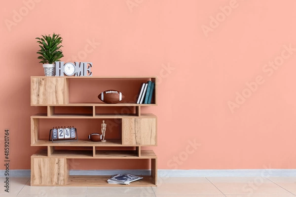 Fototapeta Shelving unit with rugby balls, books and decor near pink wall