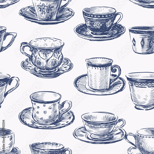 Fototapeta Seamless pattern of sketches set various vintage tea cups
