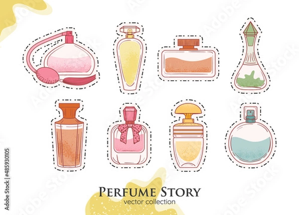 Fototapeta Classic Perfume illustrations. Glamour fragrances icons. Sticker set of woman perfume bottles. 