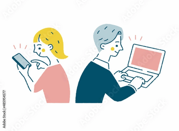 Obraz スマートフォンとパソコンを操作する女性と男性の淡色ベクターイラスト