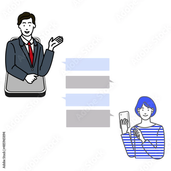 Obraz スマホで男性税理士にチャット相談する人の線シンプルな画のベクターイラスト
