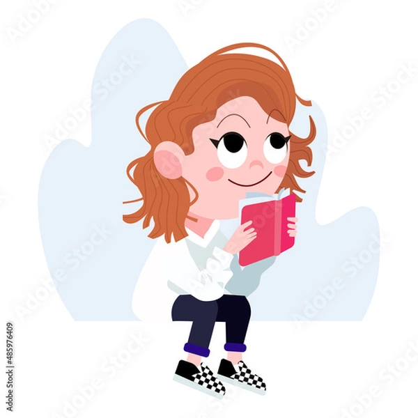 Obraz Memorizing girl with book flat cartoon vector illustration.