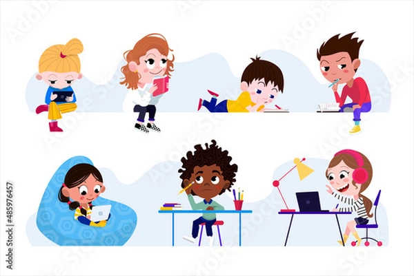 Obraz  7 vector studying, reading, using gadgets children characters in flat cartoon style