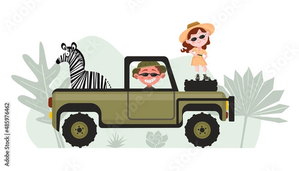 Obraz Safari car with kids scout vector characters and zebra on botanic background in flat cartoon style.